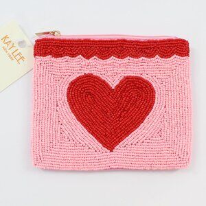 Kay Lee New York Pink/Red Heart Design Beaded Coin Purse/Cosmetic Bag NWT India